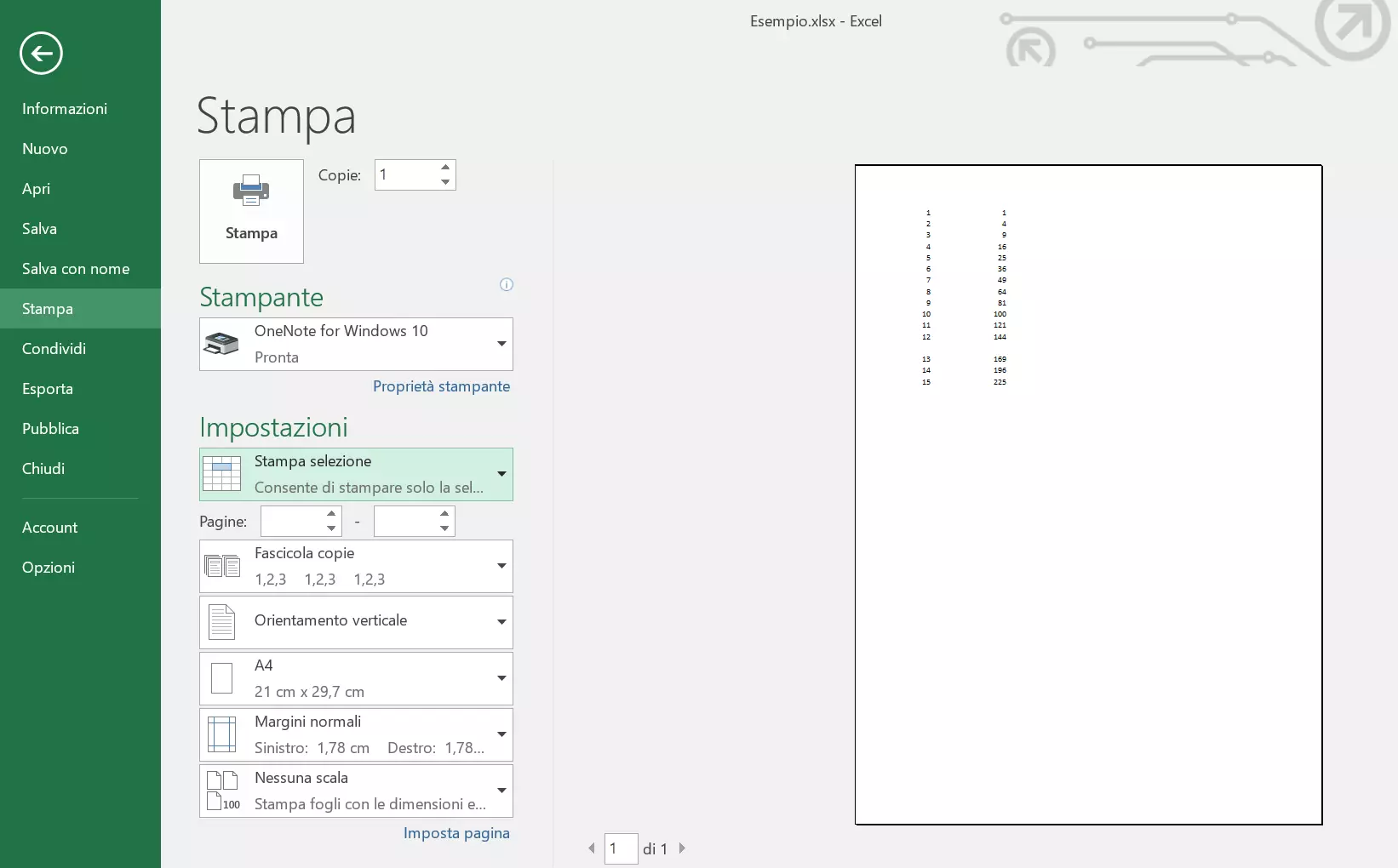 Menu di stampa in Excel