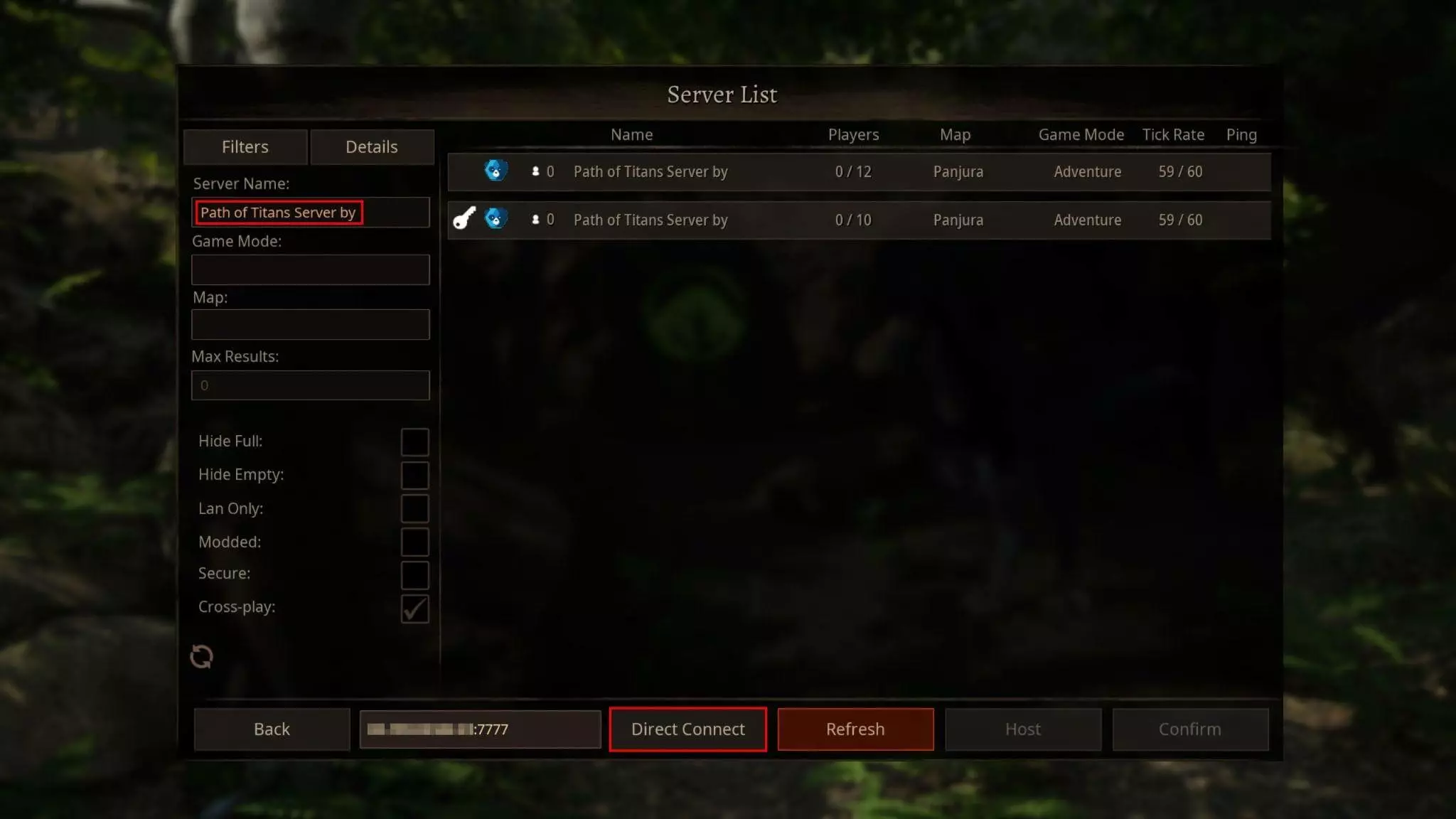 Screenshot da Path of Titans: menu di selezione del server