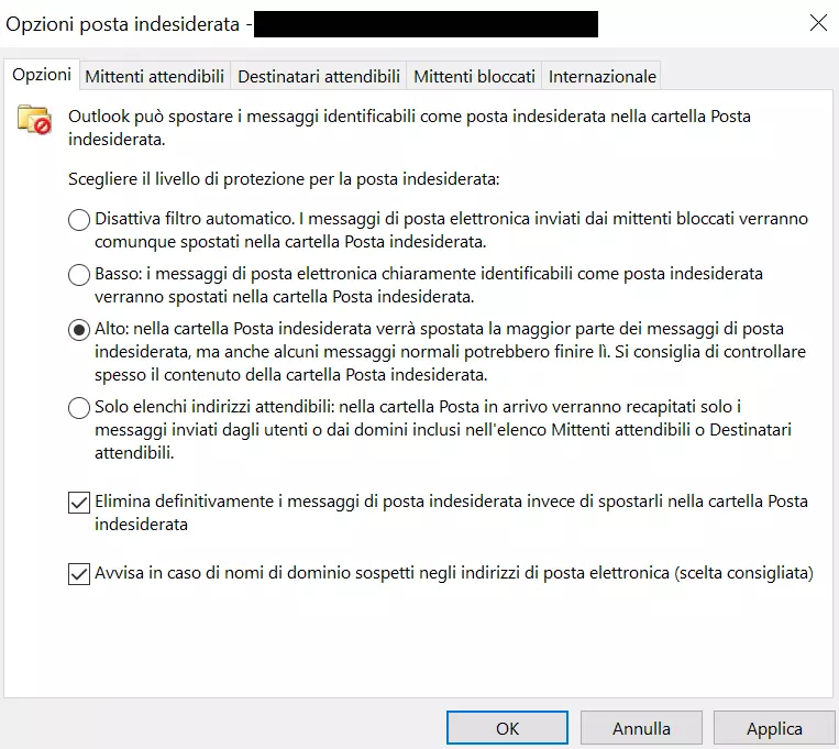 Opzioni posta elettronica indesiderata di Outlook