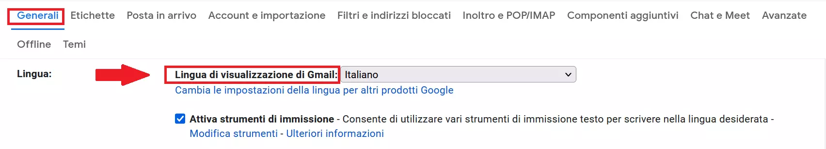 La scheda “Generali” e il punto “Lingua” nelle impostazioni di Gmail