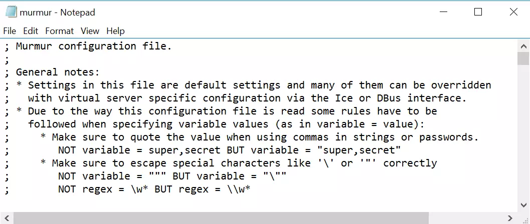 Parte iniziale del file di configurazione murmur.ini