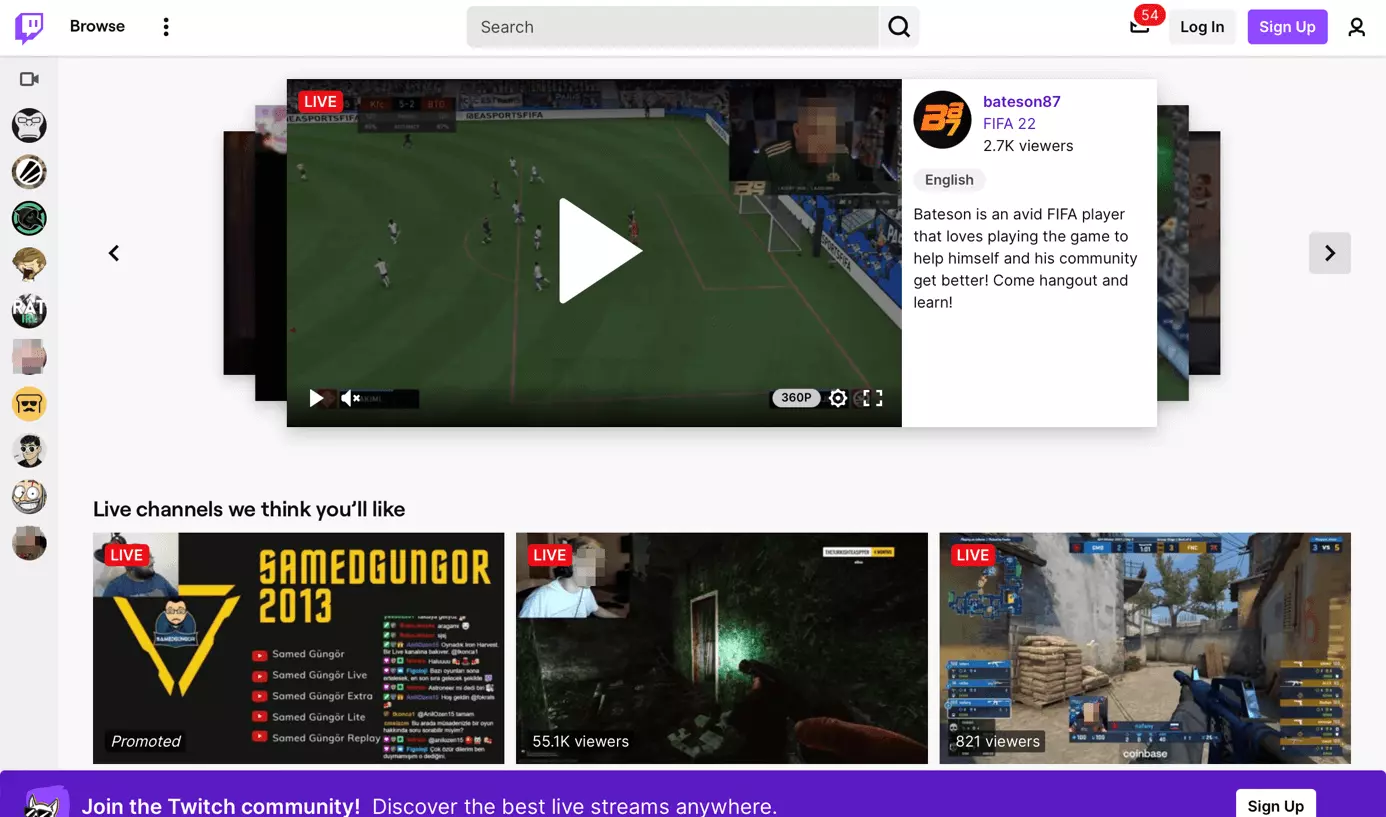 Screenshot della pagina iniziale di Twitch