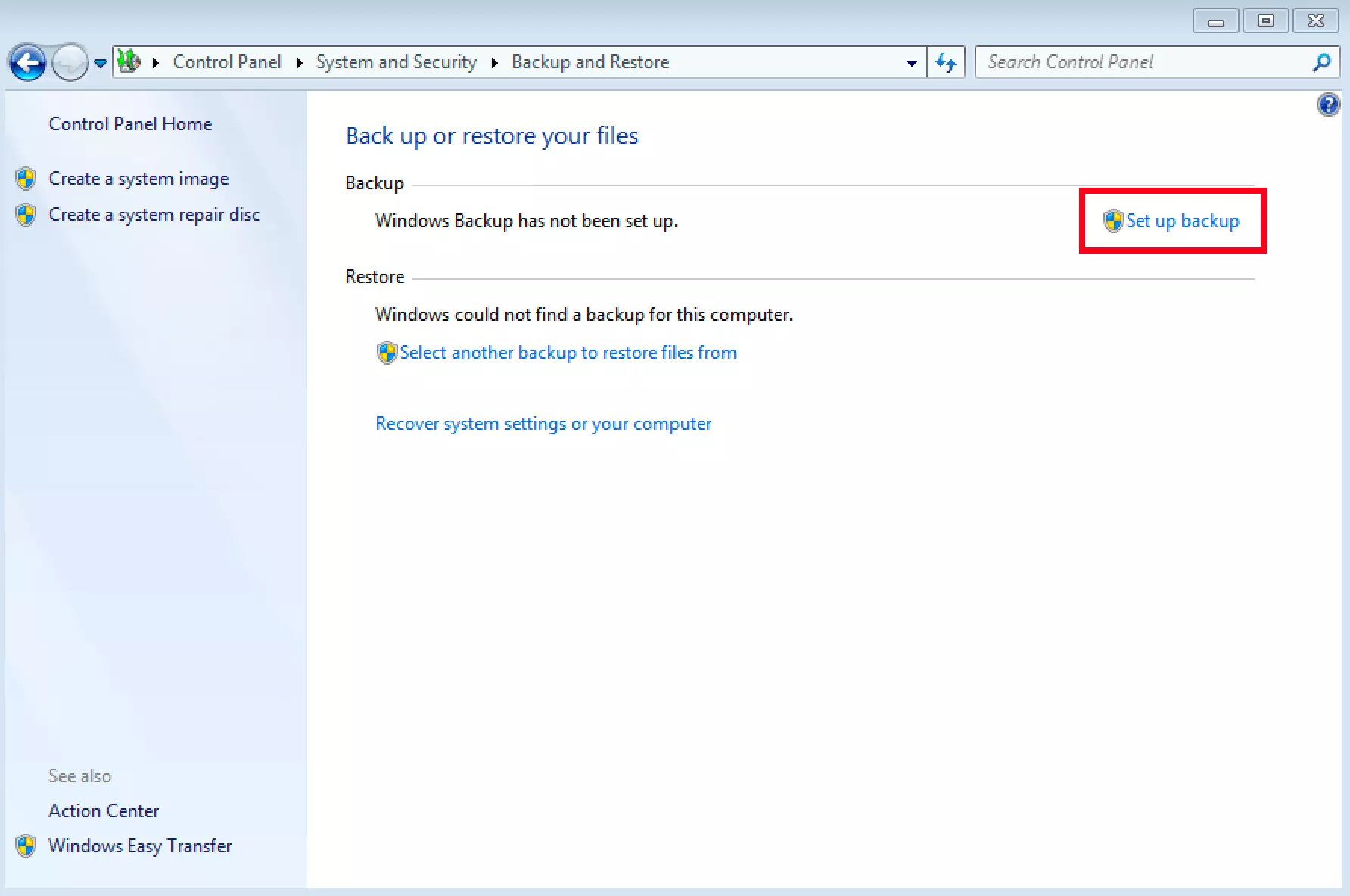 Menu di backup in Windows 7