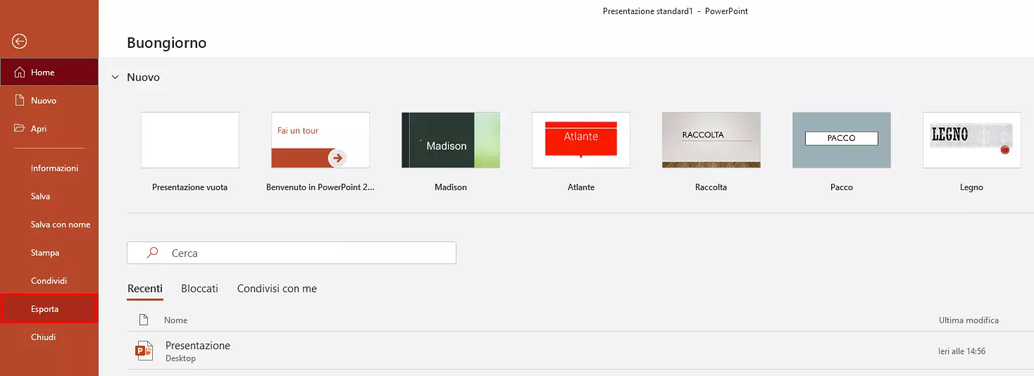 Menu principale PowerPoint: pulsante “Esporta”