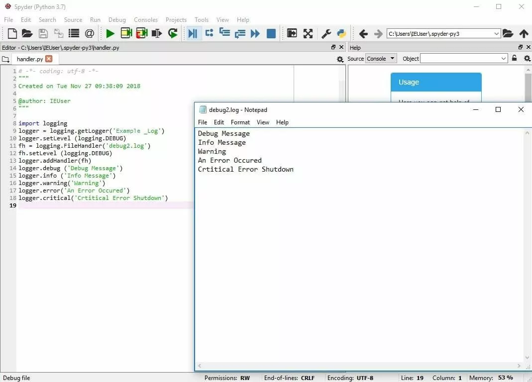 Editor Python con funzioni di logging e file di log con il log di messaggi dei diversi livelli