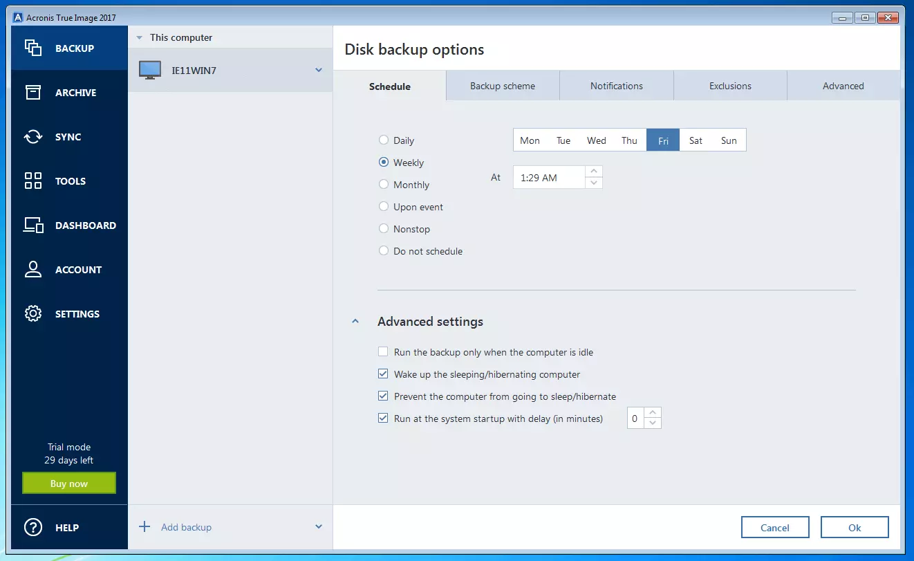 Acronis True Image 2017: menu di scelta delle varie opzioni di backup