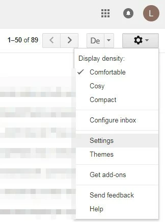 Screenshot del menu a cascata per le impostazioni di Gmail