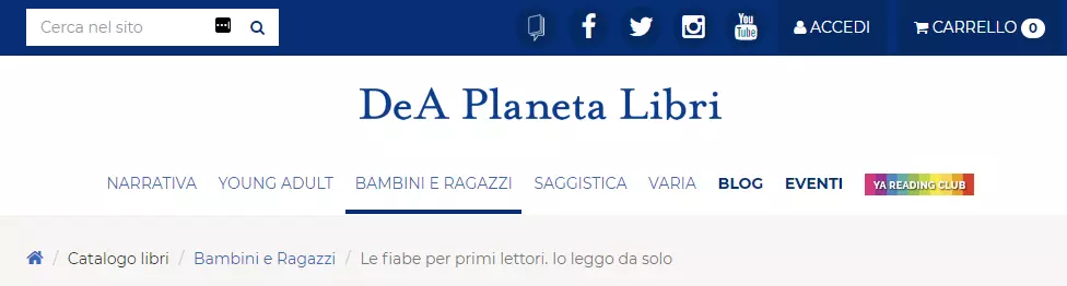 Screenshot della navigazione a briciole di pane del sito web DeA Planeta Libri