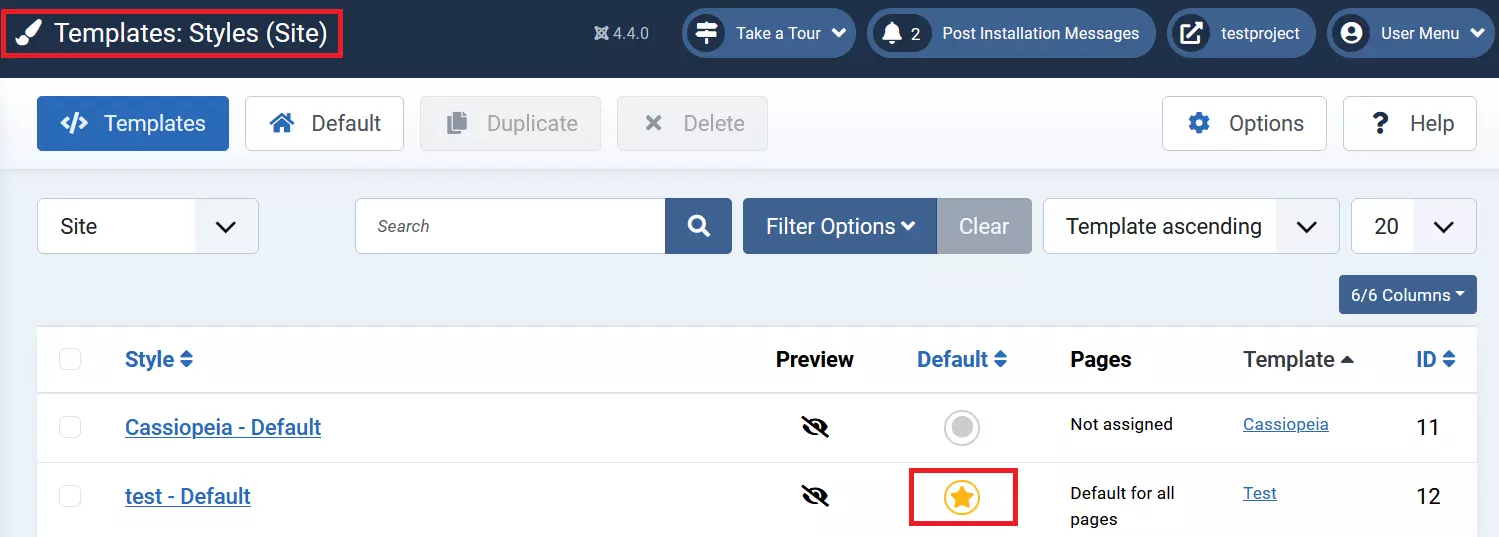 Menu “Template” > “Stile template sito” del back end Joomla