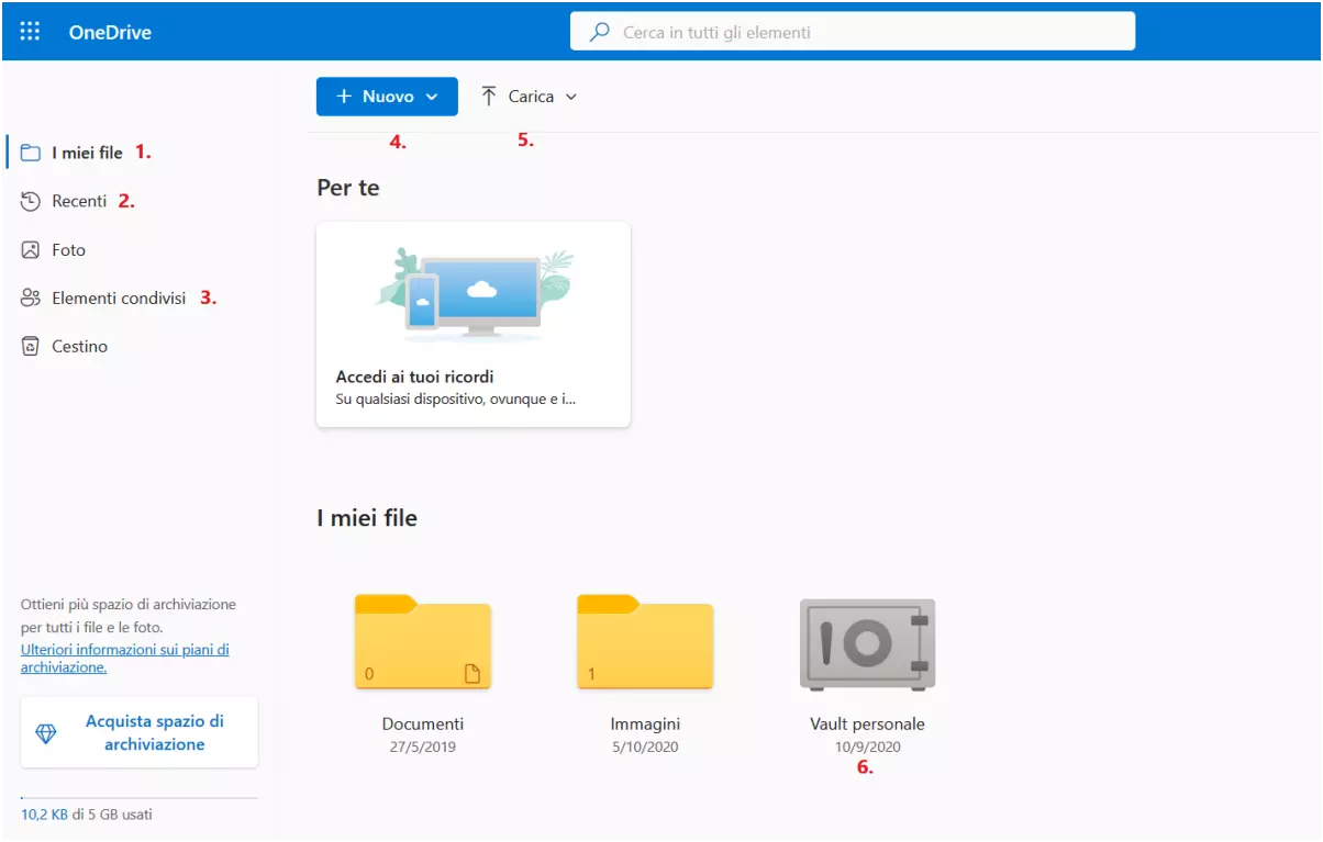 Screenshot del menu OneDrive con un account Microsoft