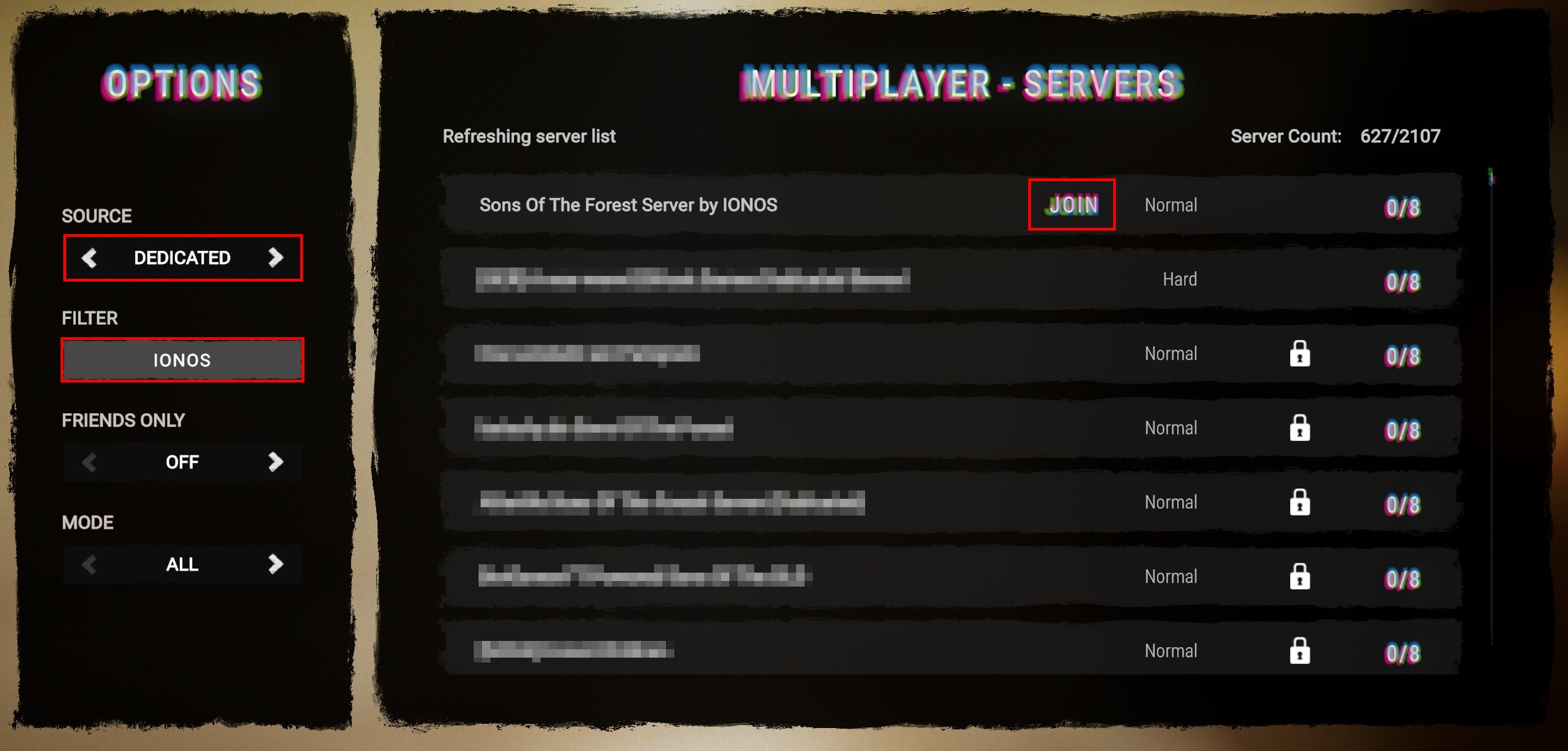 Schermata del menu del server di SotF