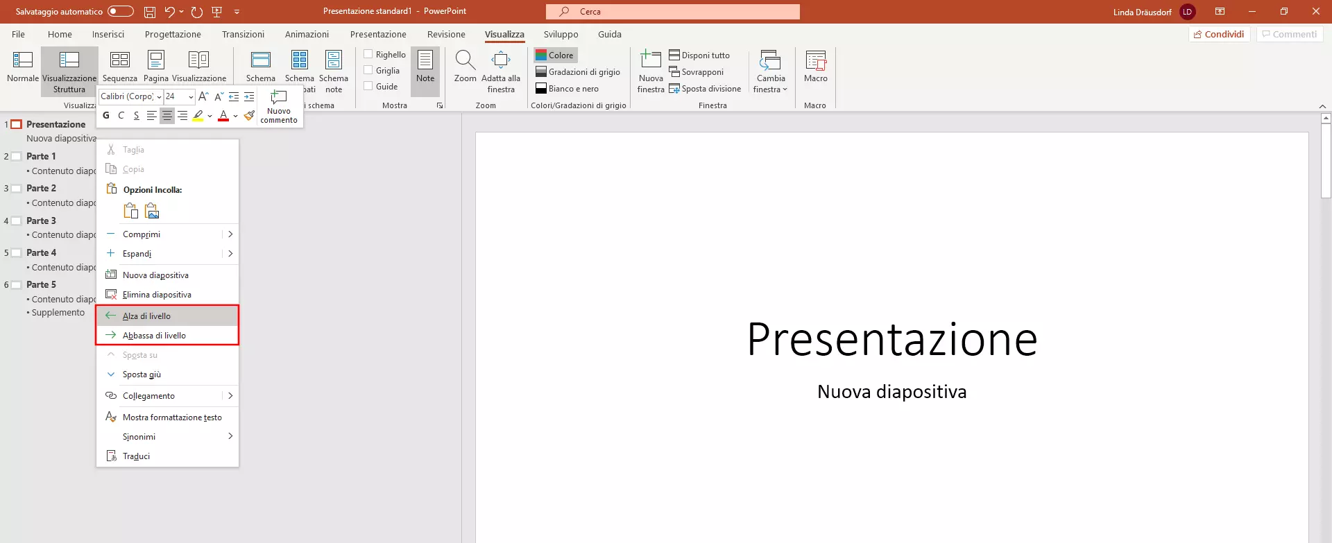 Visualizzazione struttura PowerPoint: modificare la gerarchia