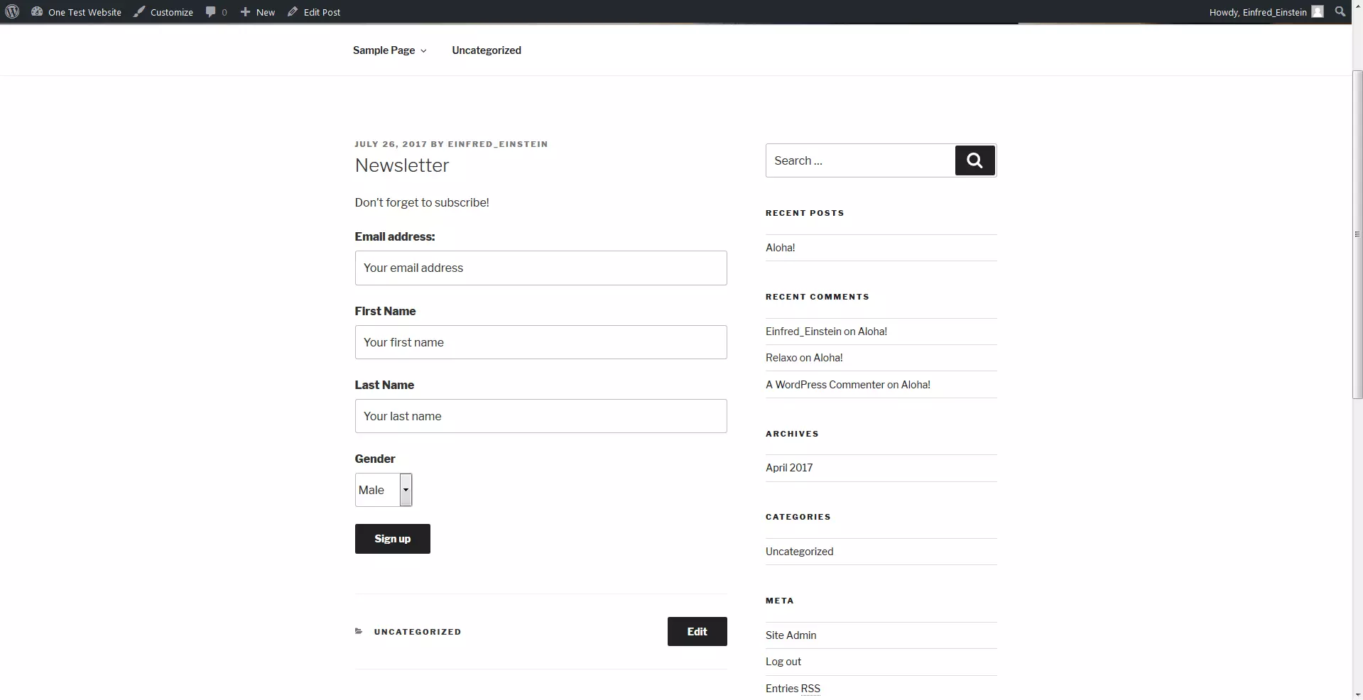 Esempio di modulo di registrazione che è stato inserito in un blog post