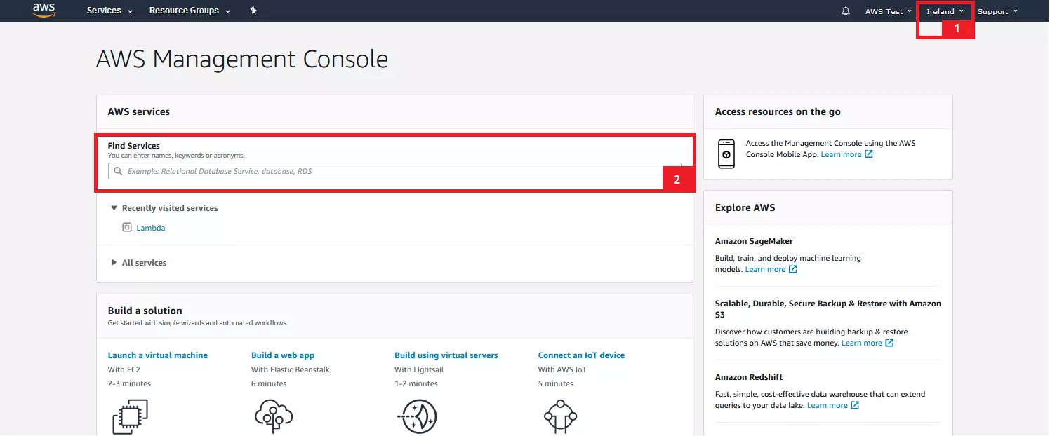 Homepage della console di AWS Management