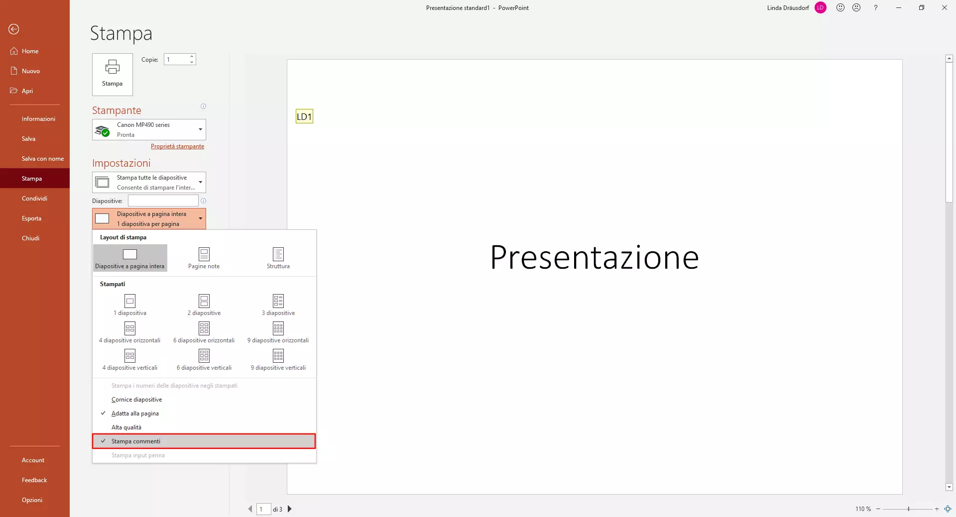 Opzioni di stampa PowerPoint: stampa commenti