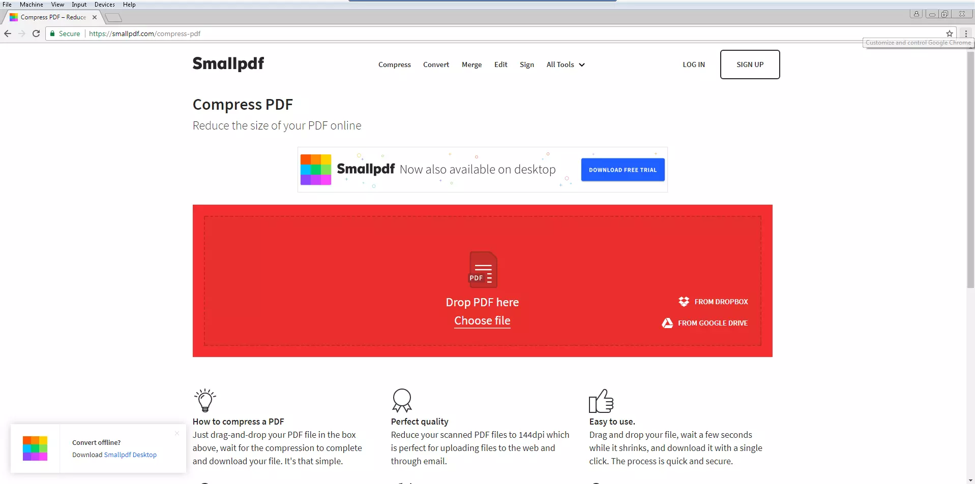 Interfaccia utente di SmallPDF Compress