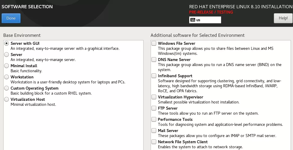 Schermata di selezione del software di RHEL 8