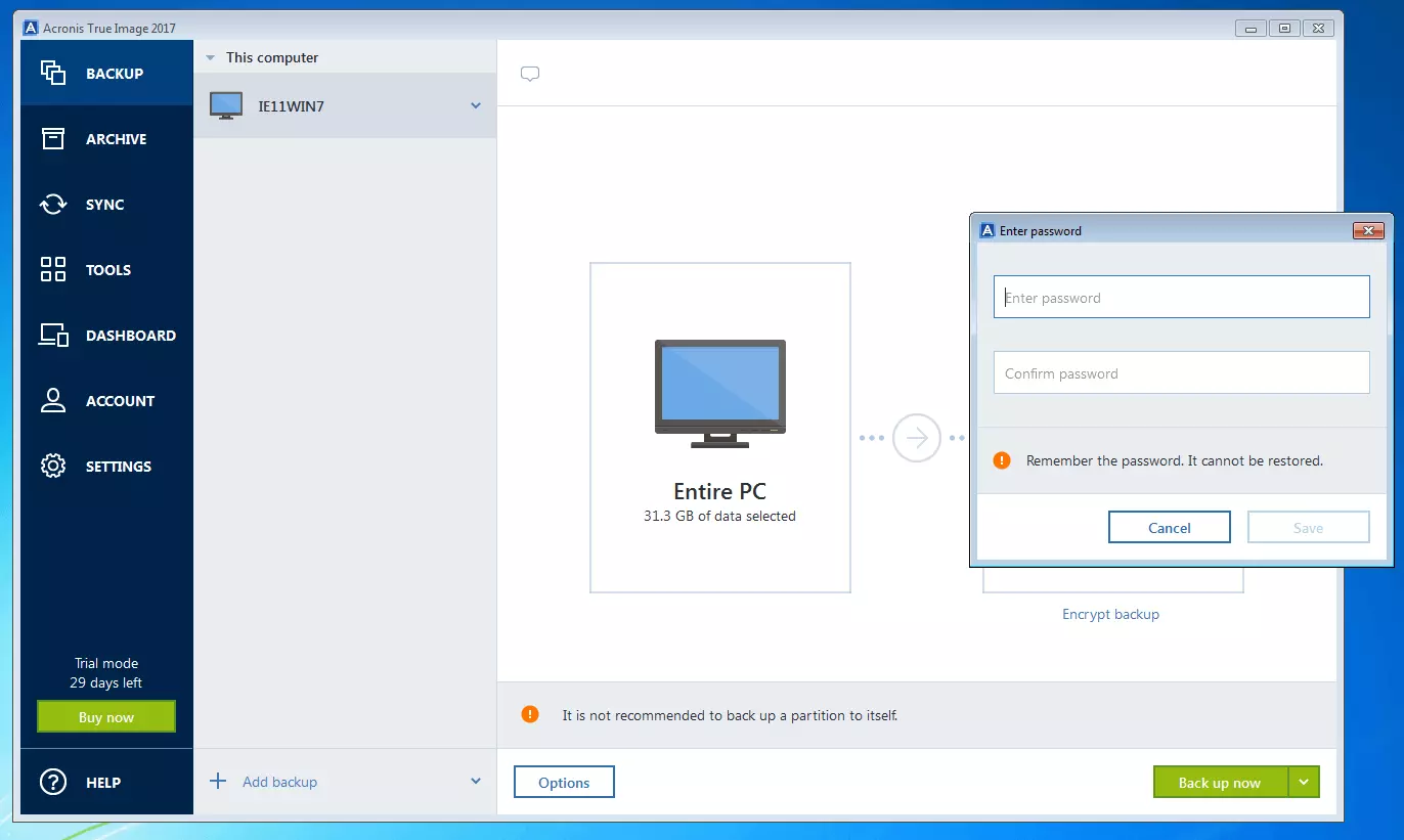 Acronis True Image 2017: Finestra di dialogo per l’inserimento di una password per la codifica di backup