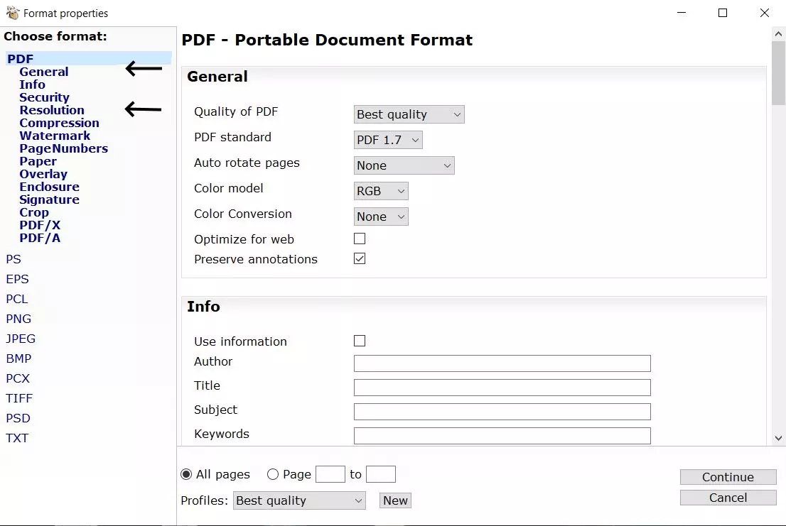 Le impostazioni per l’esportazione di un nuovo file PDF con PDF24