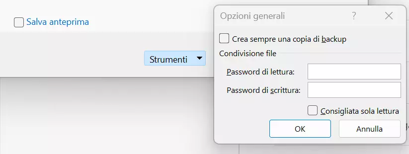 Excel: opzione “Crea sempre una copia di backup”