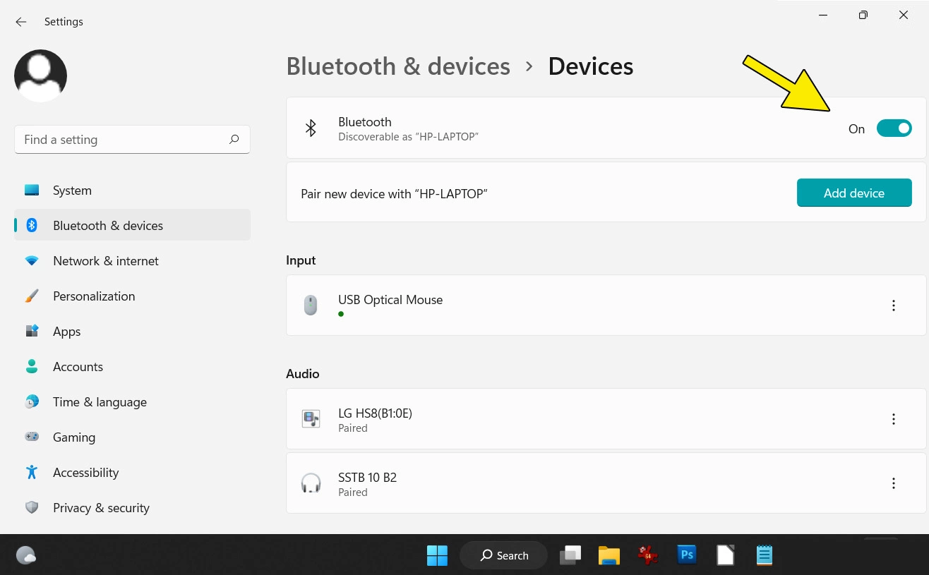 Pulsante Bluetooth “Attivato” nelle impostazioni di sistema dei dispositivi Bluetooth