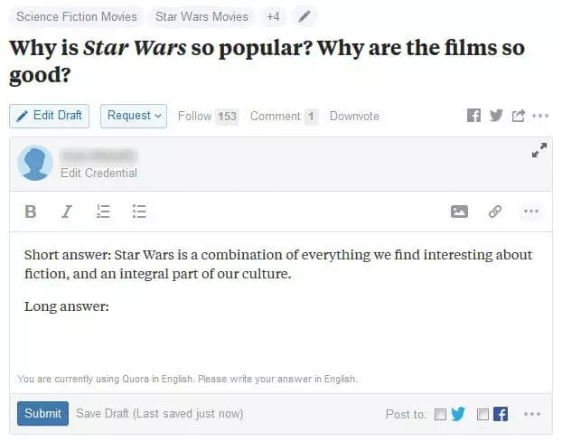 Esempio di risposta sulla versione inglese di Quora