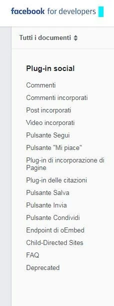 Menu di navigazione del plug-in social su Facebook for Developers