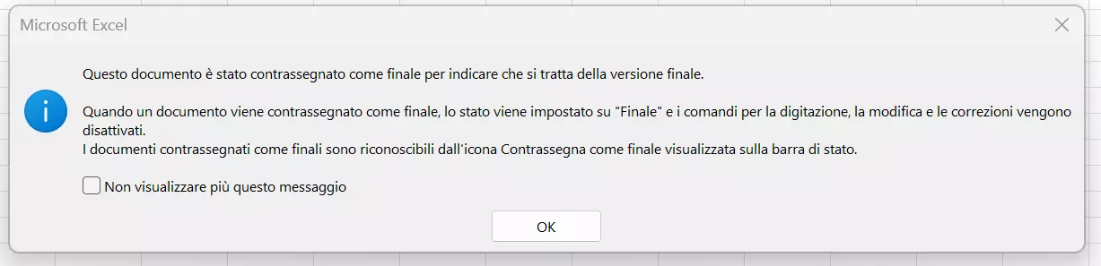 Avviso che il documento Excel è stato contrassegnato come finale