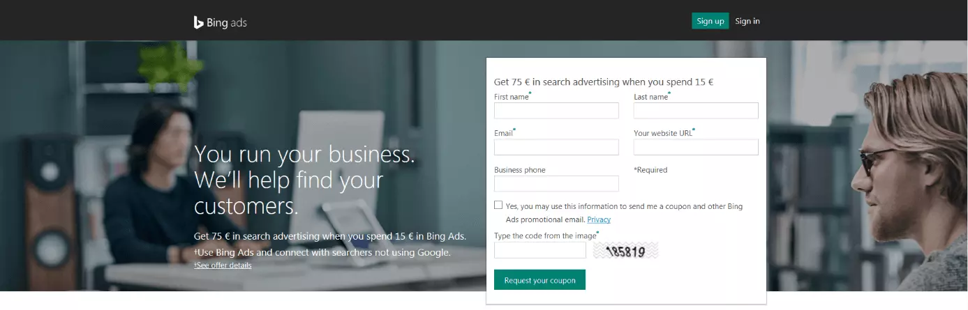 Finestra di iscrizione per la creazione di un account su Bing Ads