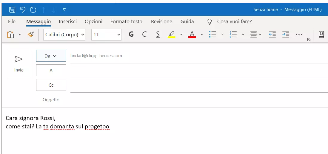 Controllare l’ortografia in Outlook: esempio di segnalazione errori