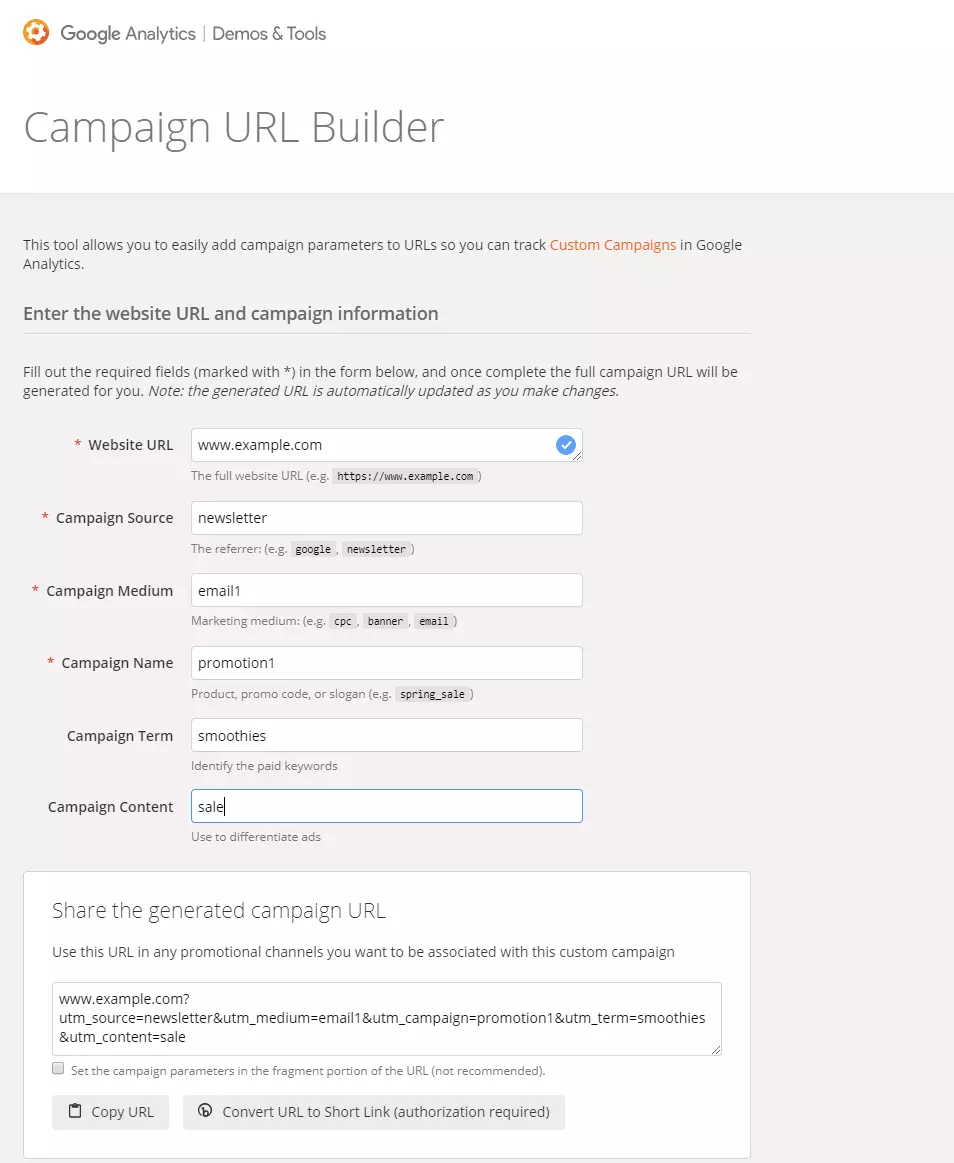 Screenshot del sito di Google Campaign URL Builders