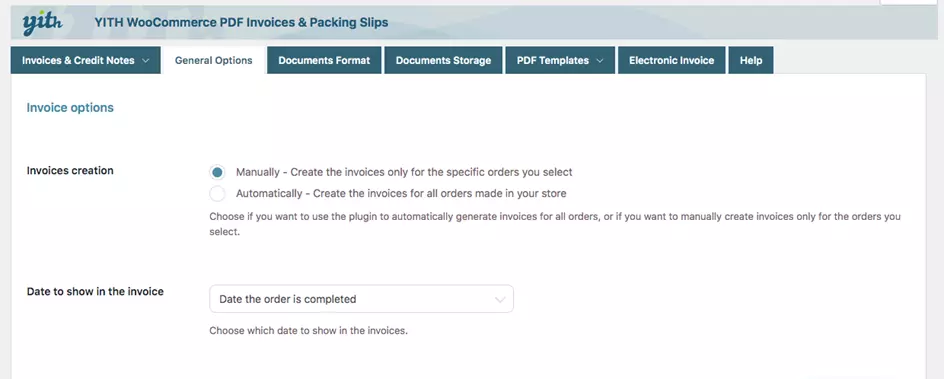 Screenshot del plugin YITH WooCommerce PDF Invoice and Shipping List nel back end di WordPress