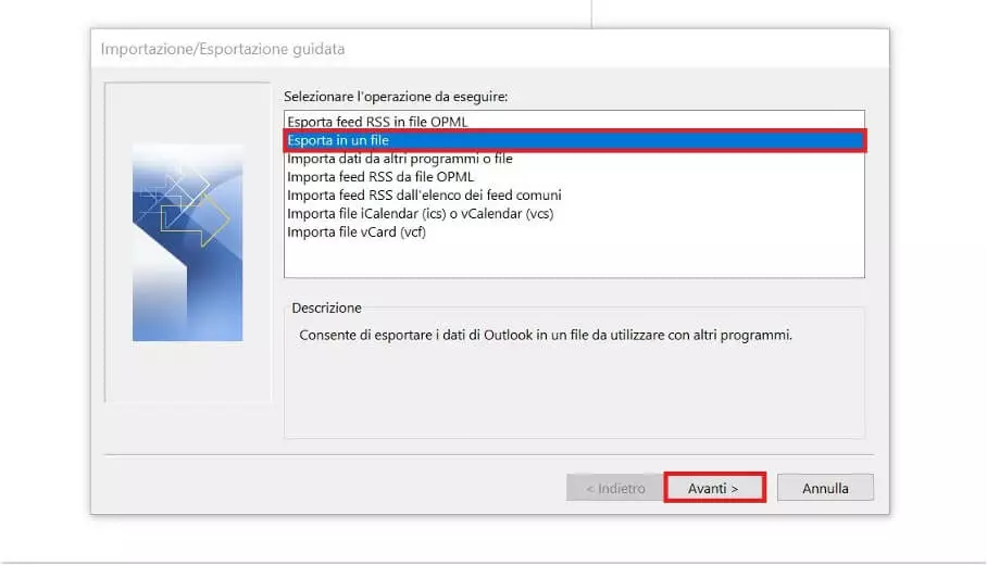 Procedura guidata di importazione ed esportazione di Outlook: azioni possibili