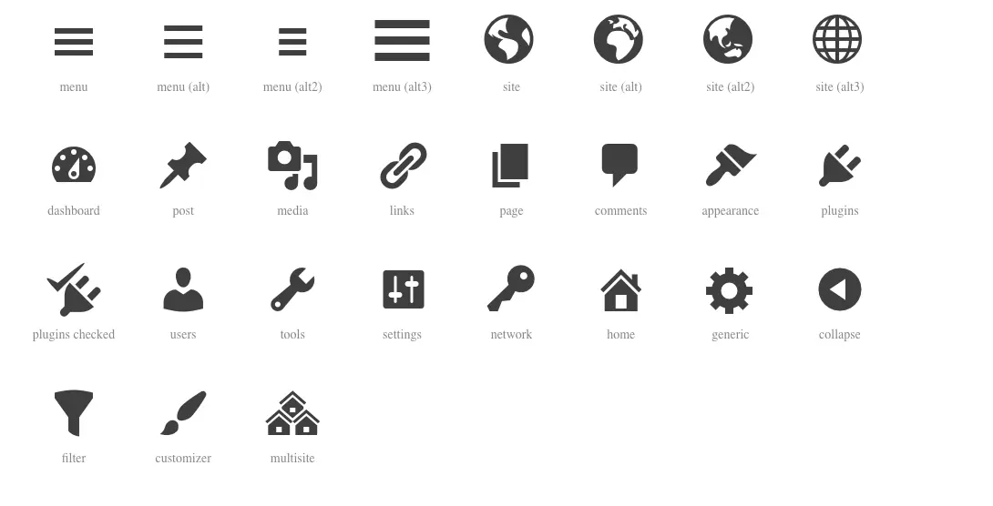 Screenshot della pagina Dashicons