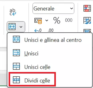 Menu “Dividi celle” di Excel