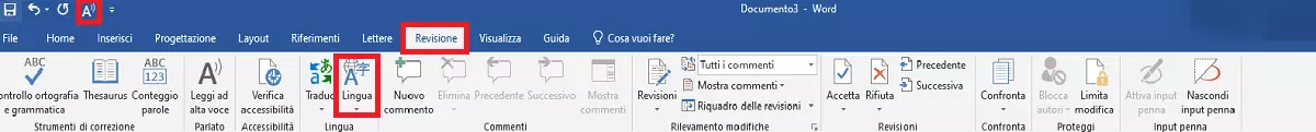 Menu di Word “Revisione” con l’opzione “Lingua”