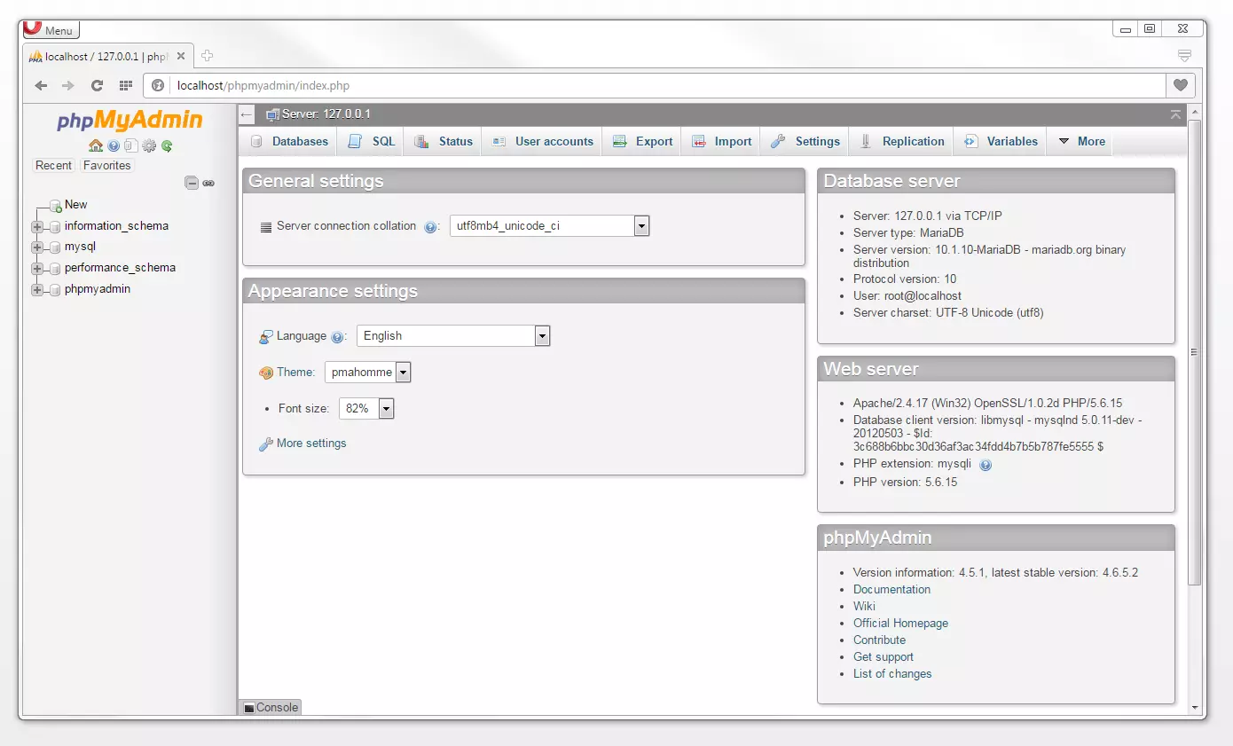 Pagina iniziale del software di amministrazione MySQL, phpMyAdmin