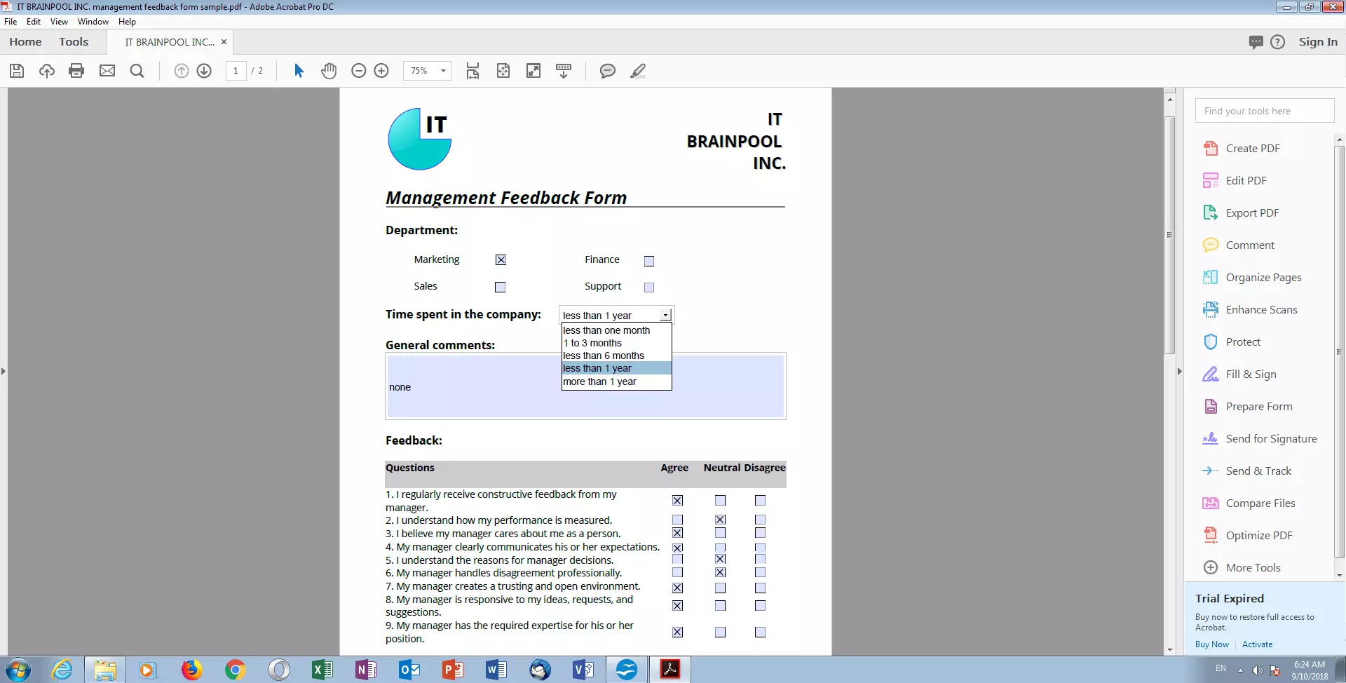 Esempio di un modulo di feedback in un lettore di PDF