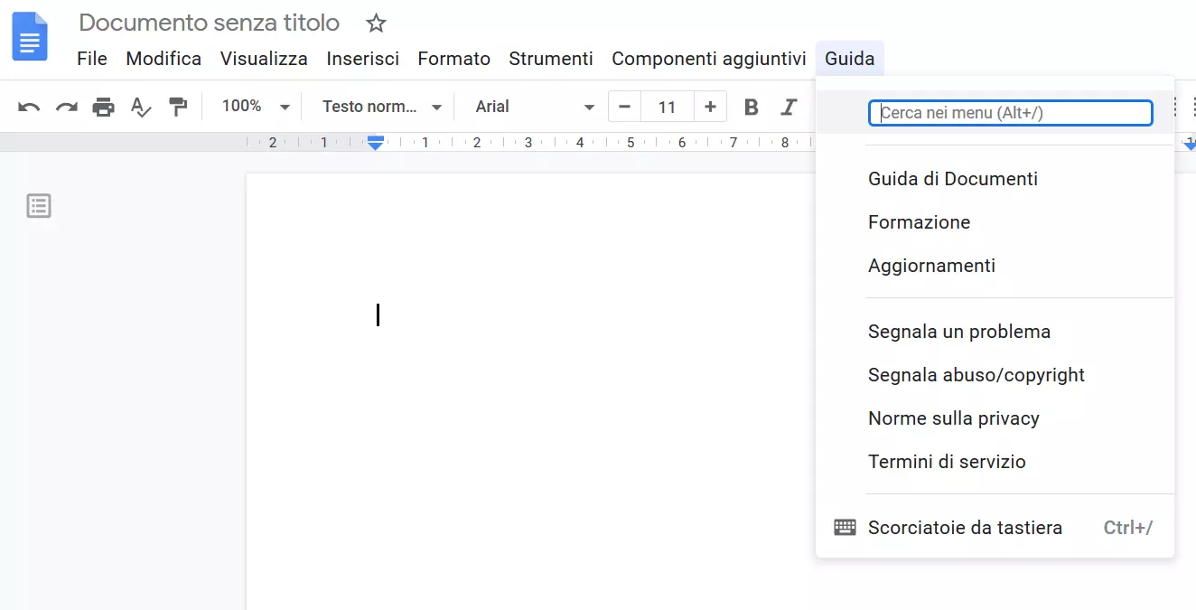 Aprire le scorciatoie da tastiera su Documenti Google tramite il menu “Guida”