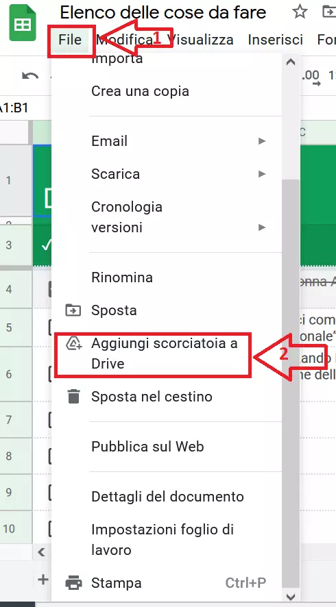 Archiviate i file su Google Drive selezionando “File” e “Aggiungi scorciatoia a Drive”