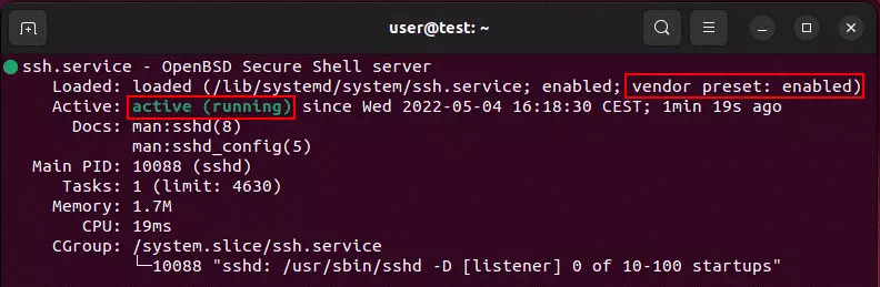 Output del terminale per la verifica dello stato di OpenSSH