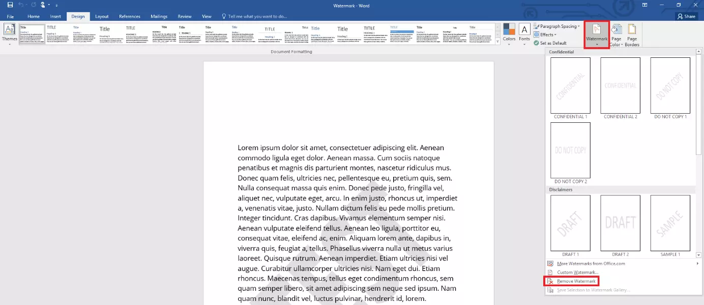 Finestra di selezione attraverso la quale è possibile rimuovere la filigrana in Word