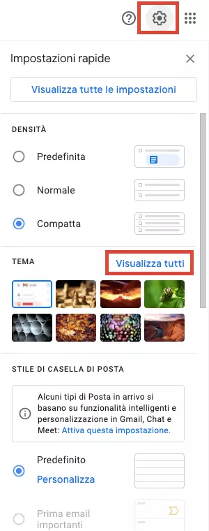 Il campo “Temi” nelle impostazioni rapide nel menu di Gmail