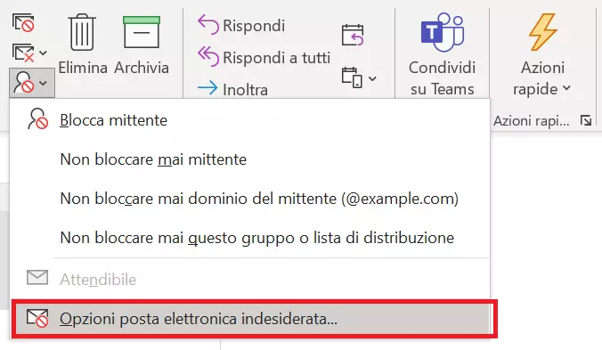 “Posta indesiderata” nella barra multifunzione di Outlook