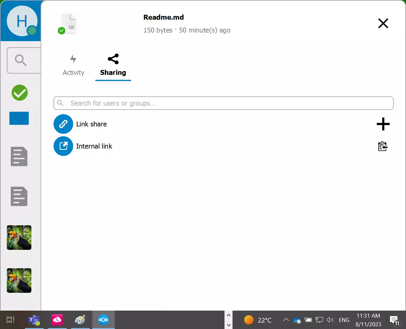 App desktop del client Nextcloud con finestra di dialogo per la condivisione