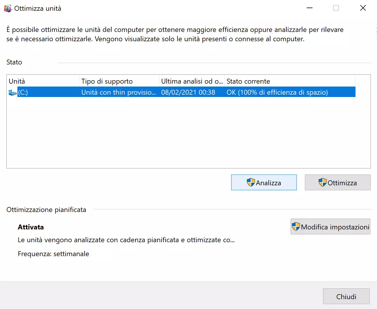 “Ottimizza unità” su Windows 10