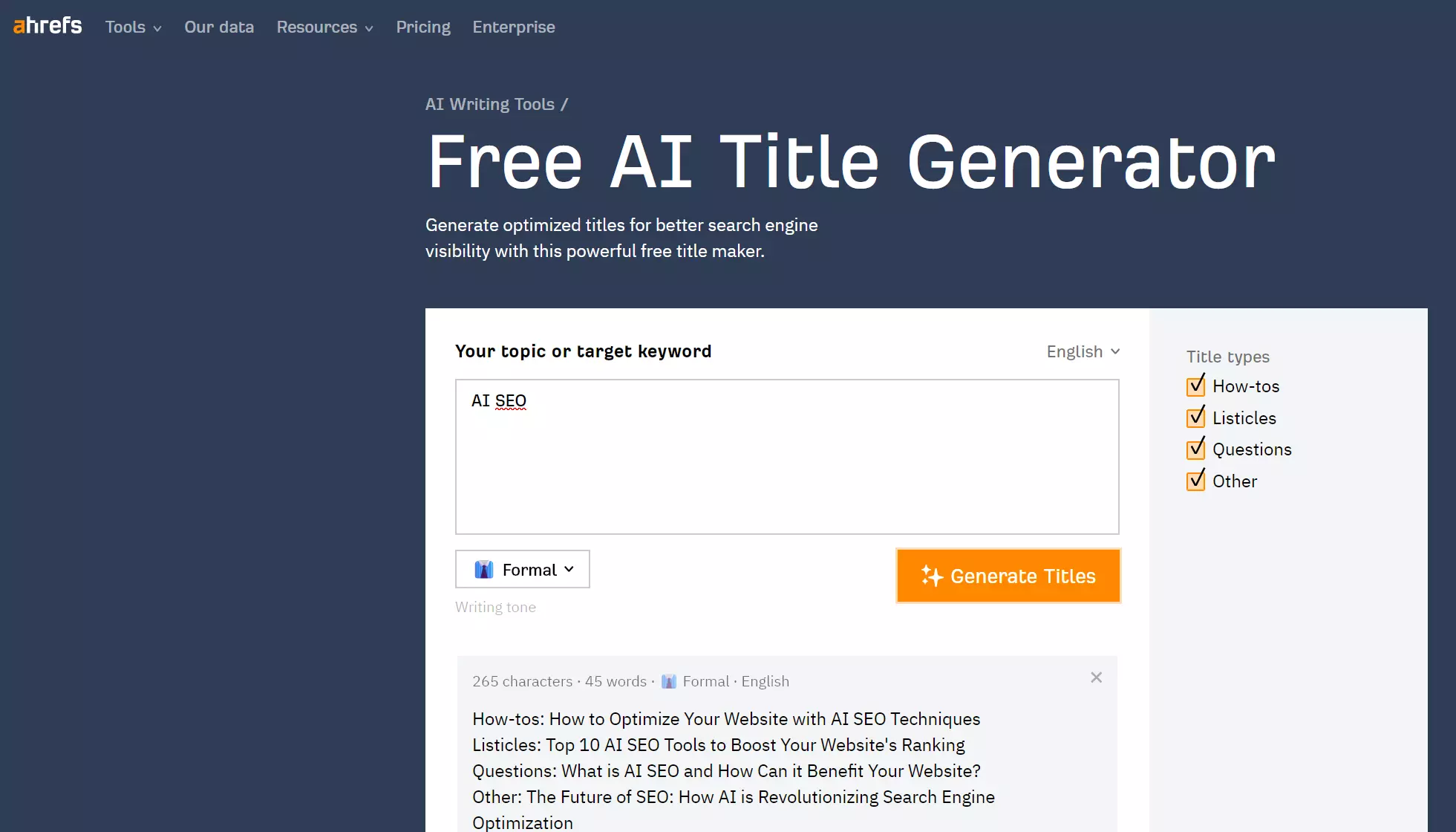 Free AI Title Generator di Ahrefs