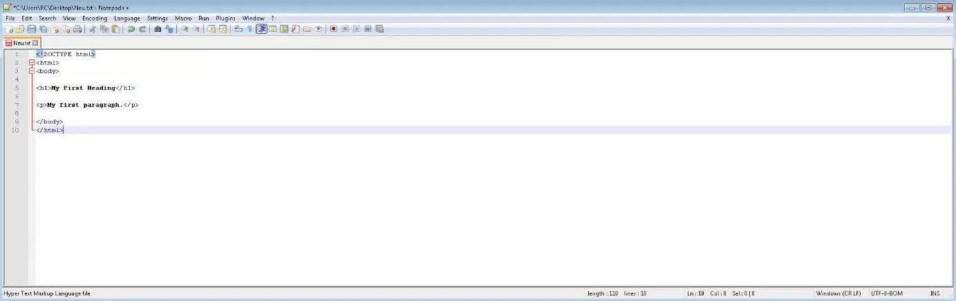 Esempio di documento HTML in Notepad++