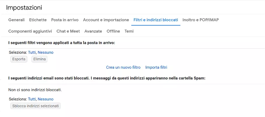 Screenshot delle impostazioni del filtro di Gmail