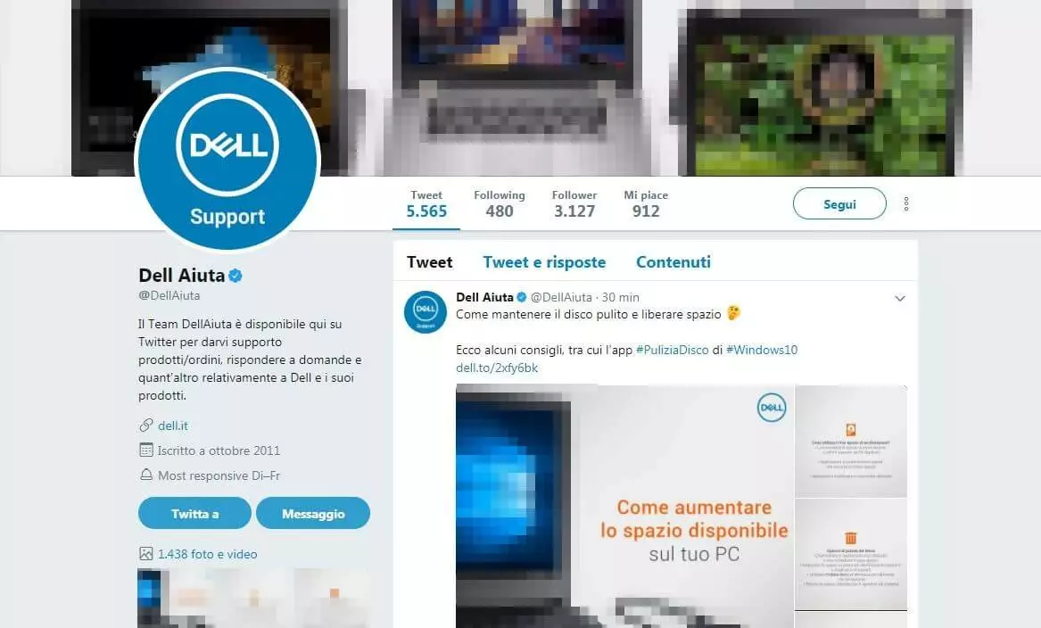 Screenshot dell’account di Twitter @DellAiuta dell’azienda DELL